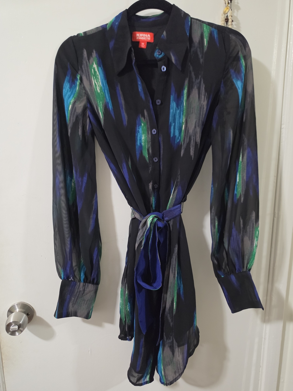 Kirna Zabete Black Sheer Button-Down Dress with Blue, Green & Gray Brushstrokes